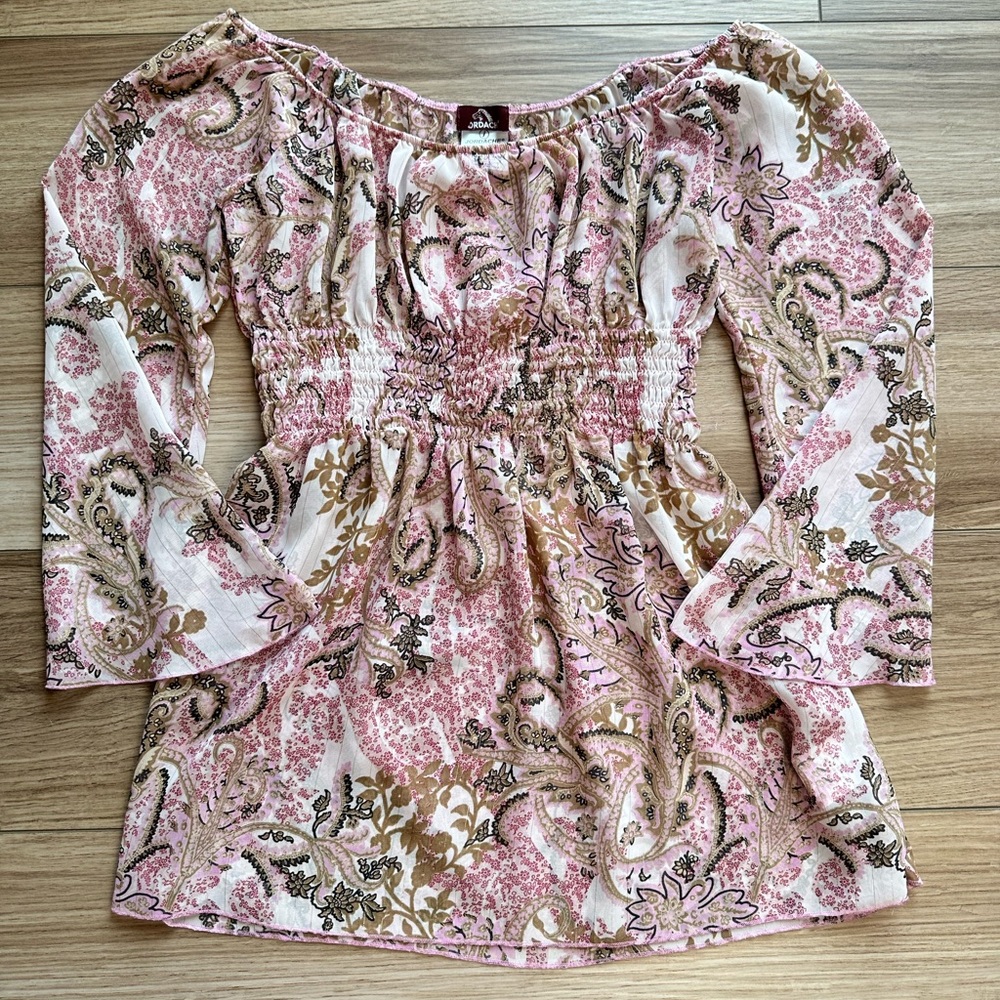 Vintage Y2K Off Shoulder Fairy Jordache Pink and Brown Paisley Flare Blouse